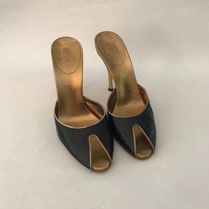Gucci black snakeskin /gold studded peep toe mule